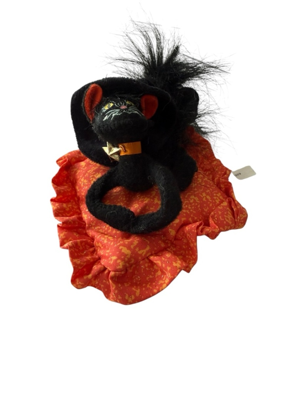 Annalee 5 inch moonlight Witch Cat With Hat on Orange Patterned Pillow Halloween
